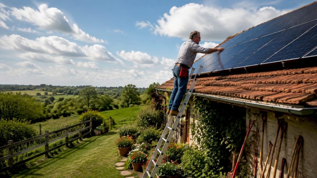 Man inspecting solar panels on rural farmhouse roof