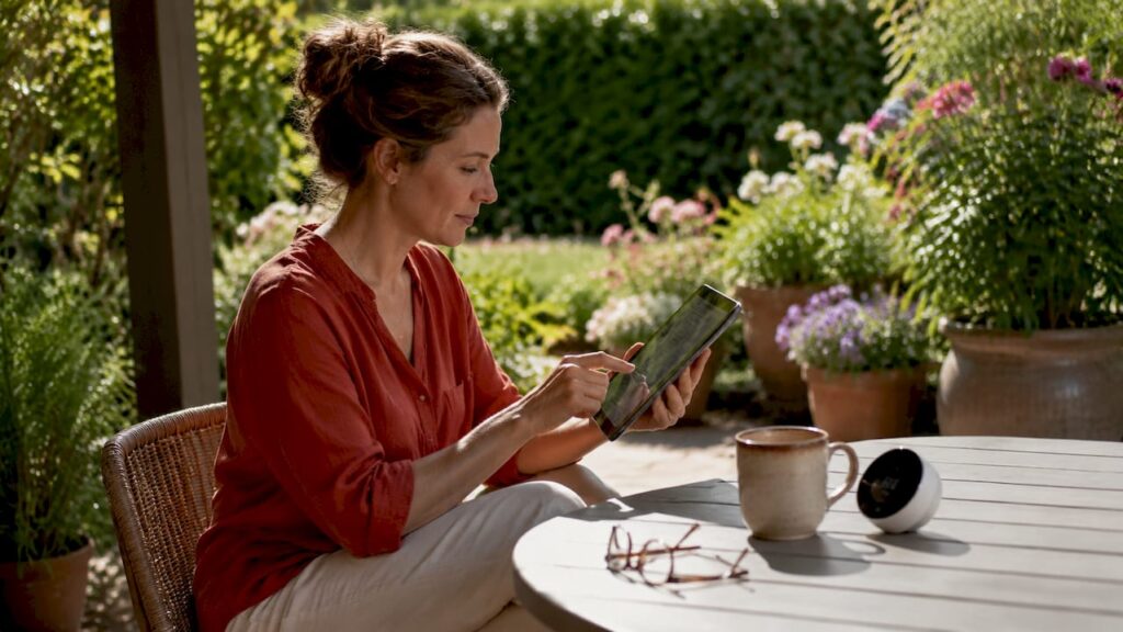 Woman monitoring smart home energy system tablet