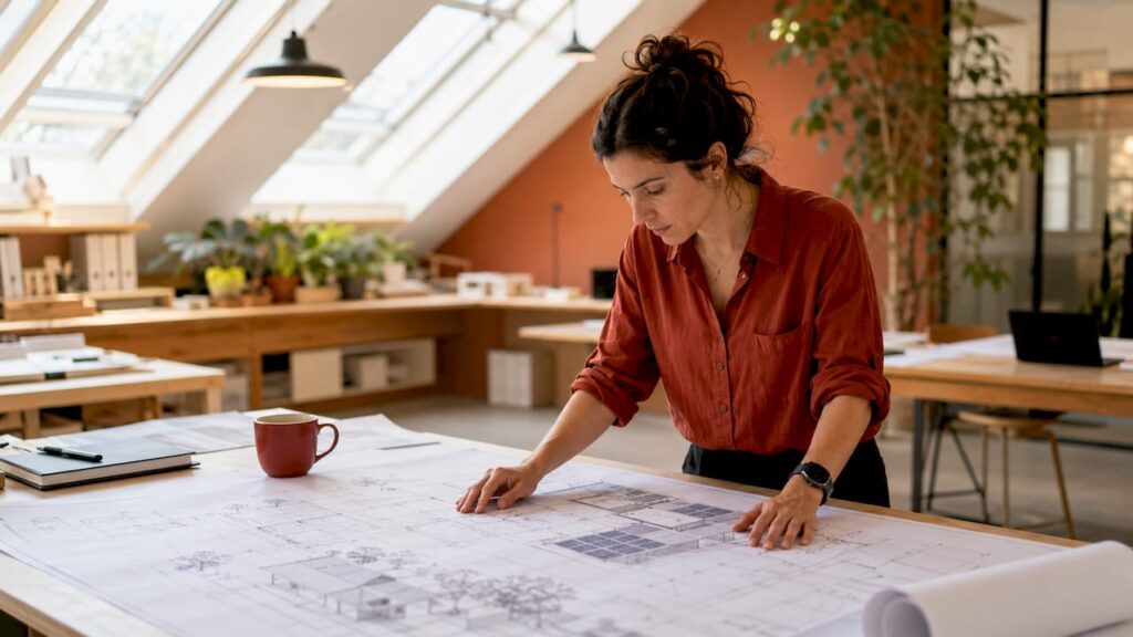 Architect reviewing solar-ready home blueprints