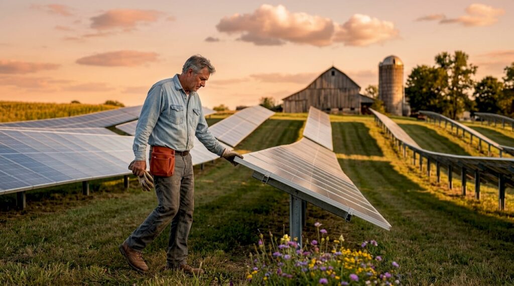 Farmer inspecting rural ground-mounted solar panels