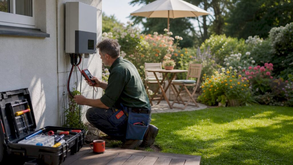 Electrician diagnosing solar inverter outdoors
