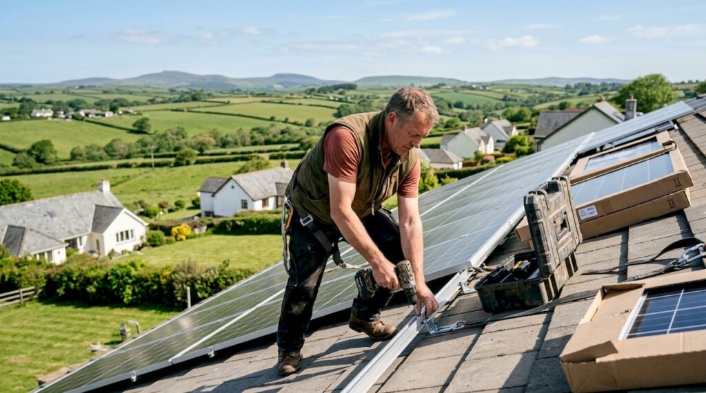 Man installing solar panel on Devon rooftop