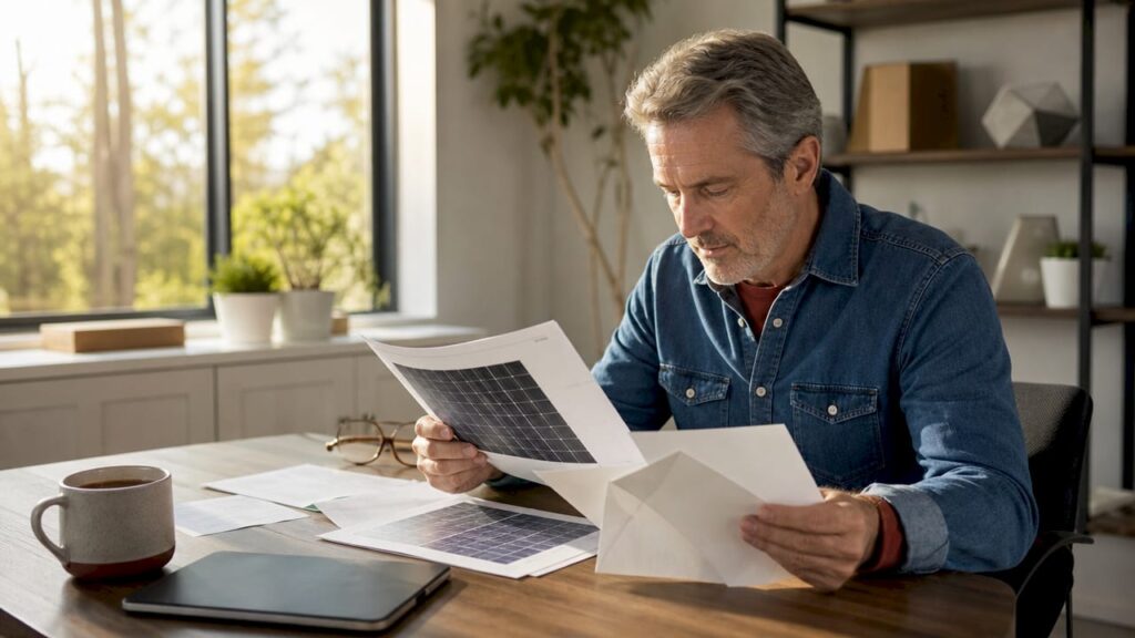 Homeowner reviewing solar panel warranty document
