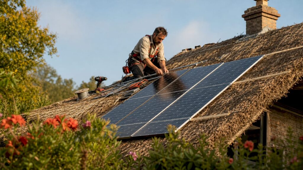 Man installing solar panels on home roof