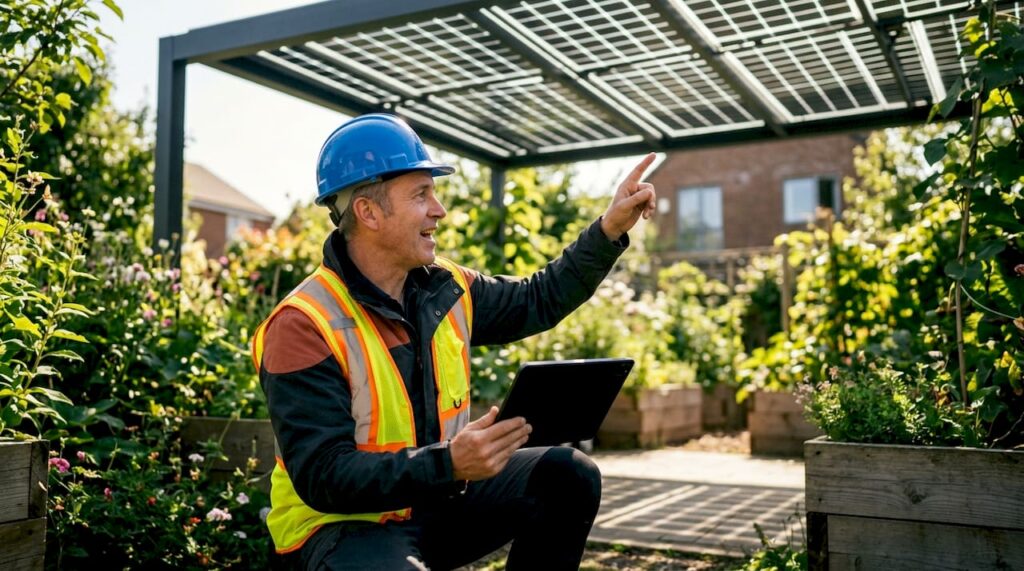 Installer explaining solar pergola features outdoors