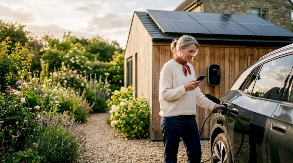 Homeowner charging EV with solar panels