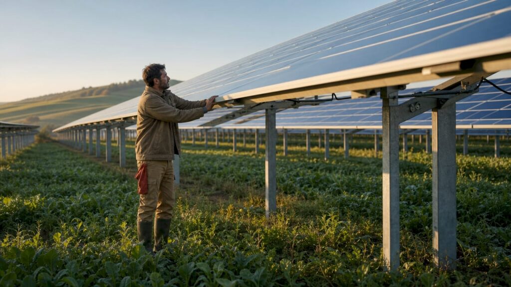 Elevated solar panels above farm field with tractor