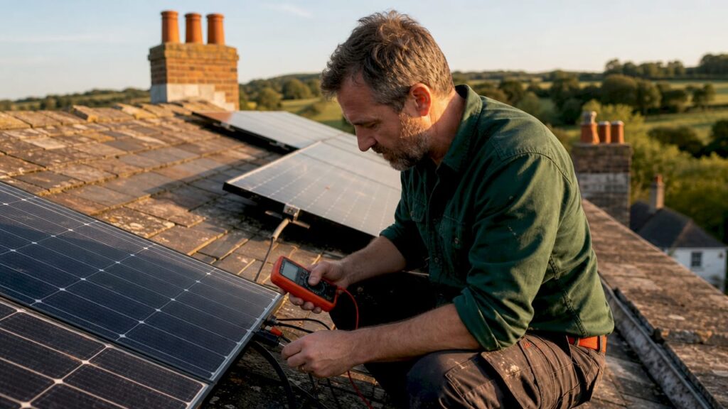 Technician testing solar panel voltage on roof
