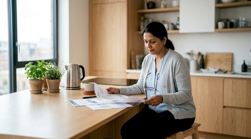 Woman reviewing solar finance papers at home desk