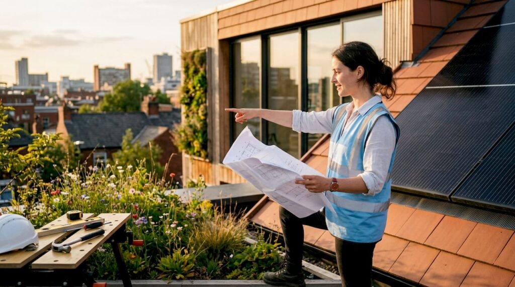 Architect inspecting solar panels on zero carbon home