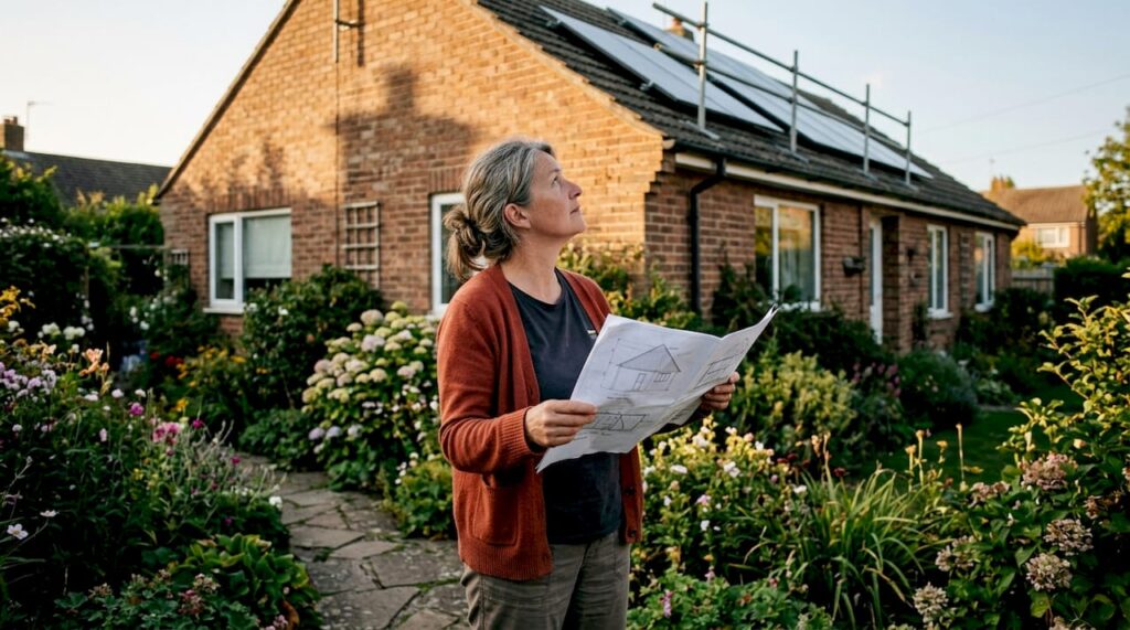 Homeowner examining roof plans outdoors