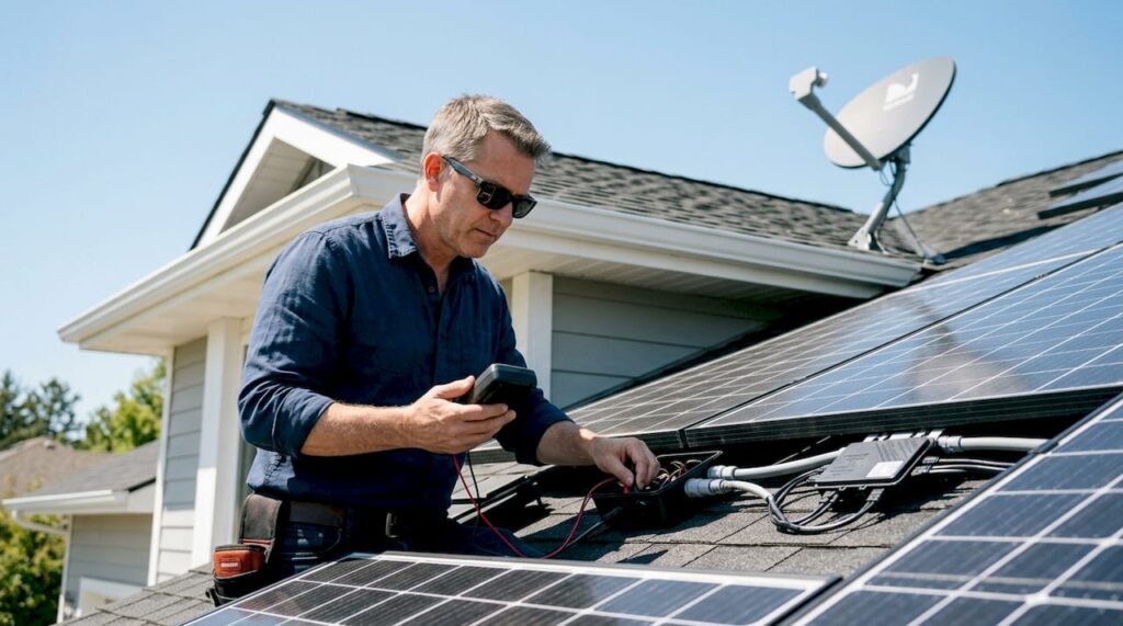 Homeowner inspecting solar panels on roof
