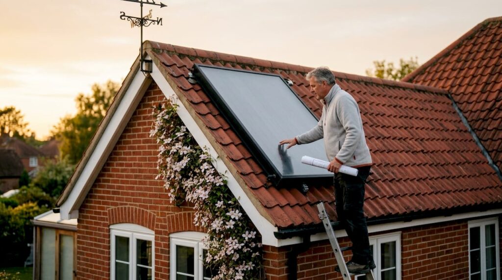 Homeowner inspecting solar water heating collector on roof