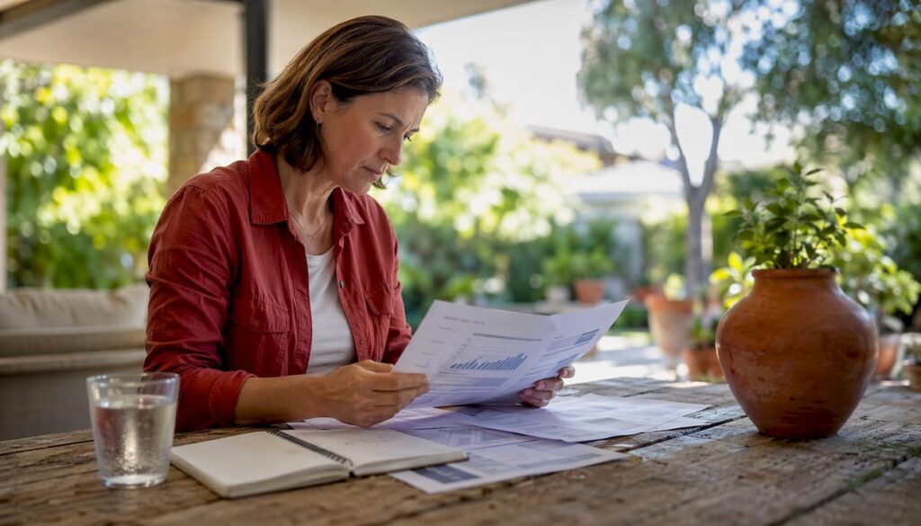 Homeowner reviewing solar panel output data at table