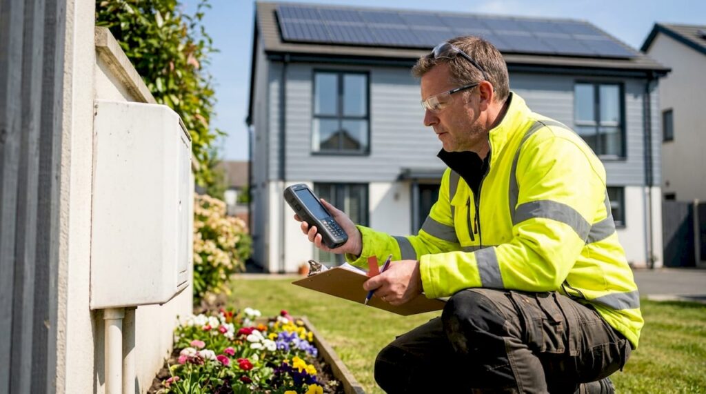 Technician inspecting smart meter on UK home with solar panels