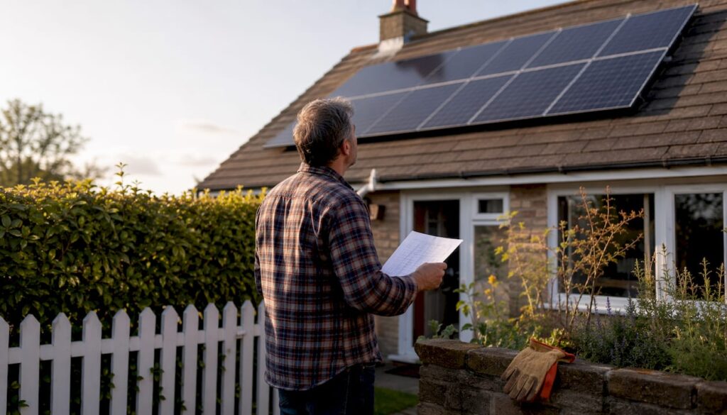 Homeowner inspecting solar panels on UK roof