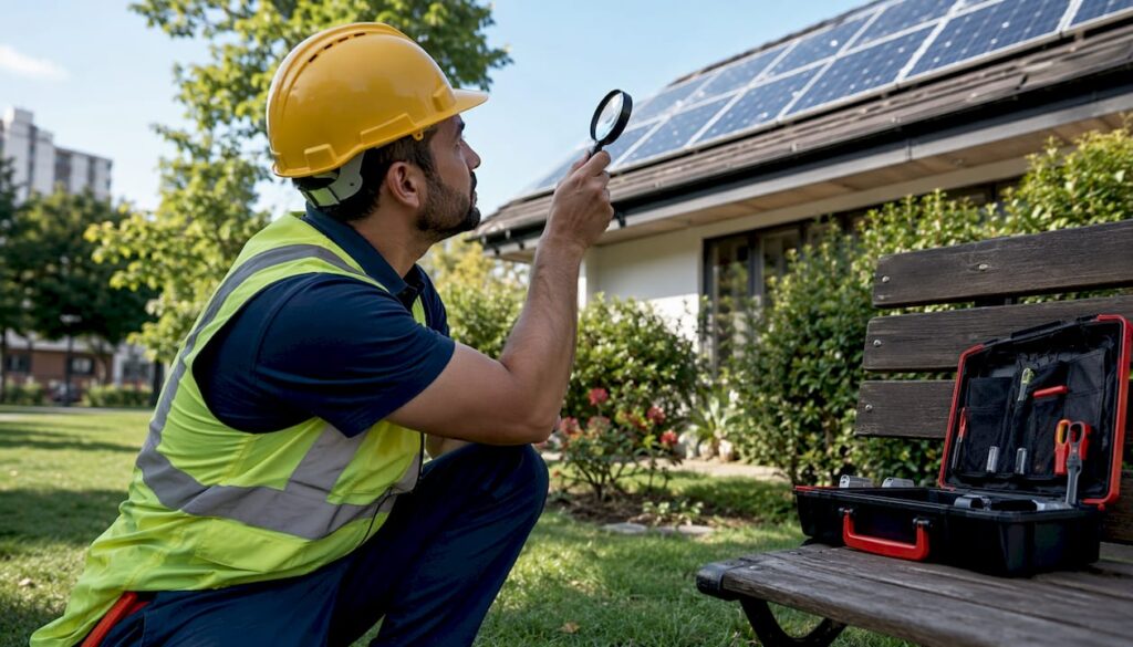 Technician inspecting solar panel hail damage