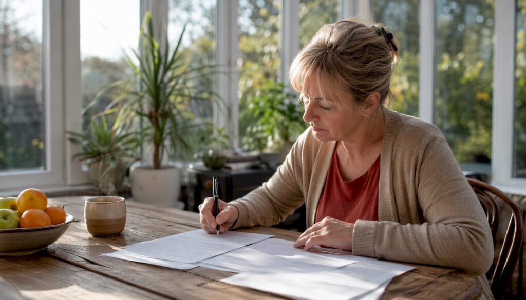 Homeowner signing solar contract at kitchen table