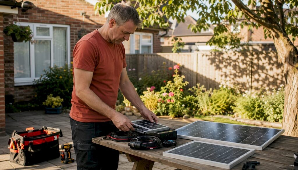 Man installing solar panels on residential roof