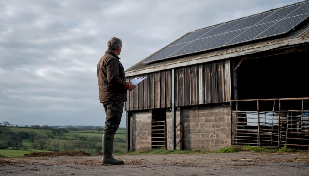 Farm owner inspecting solar panels on livestock shed
