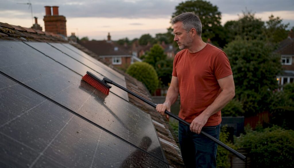 Man inspecting dirty solar panels on UK rooftop