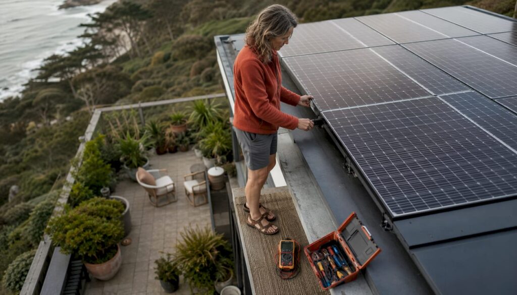 Homeowner inspecting solar panels on Dorset roof