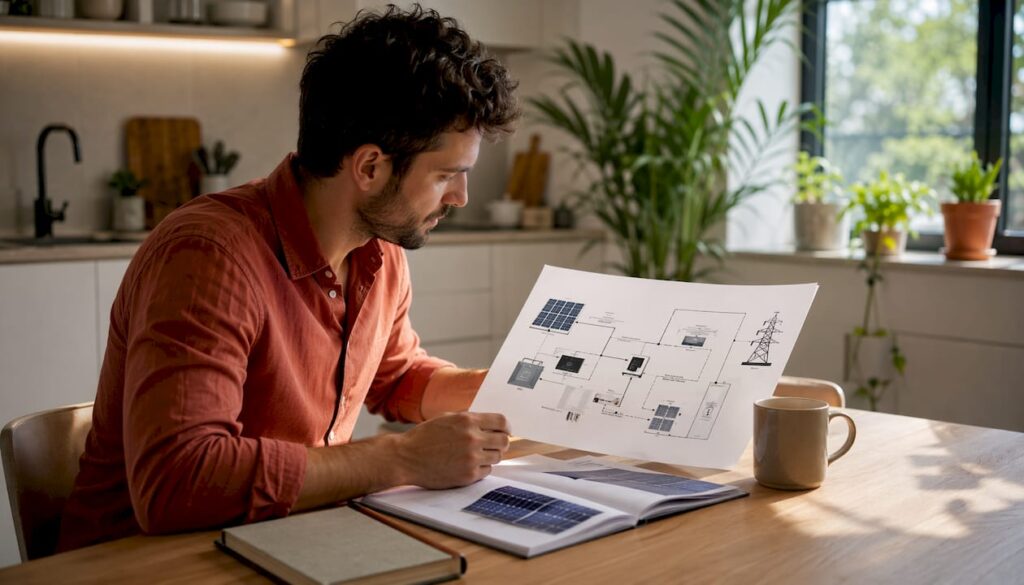 Engineer reviewing solar energy flow diagram on desk