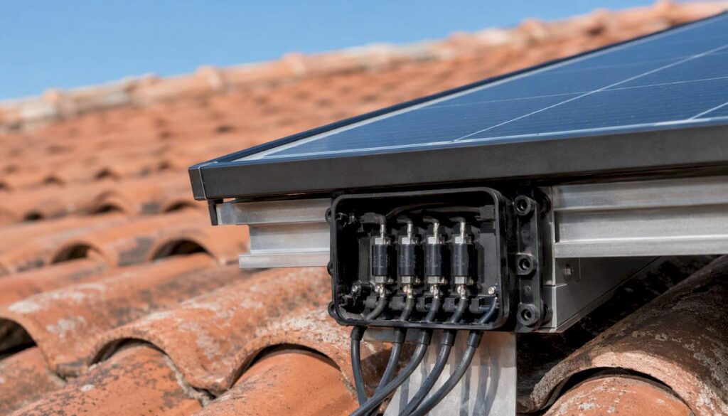 Solar panel junction box with bypass diodes close-up