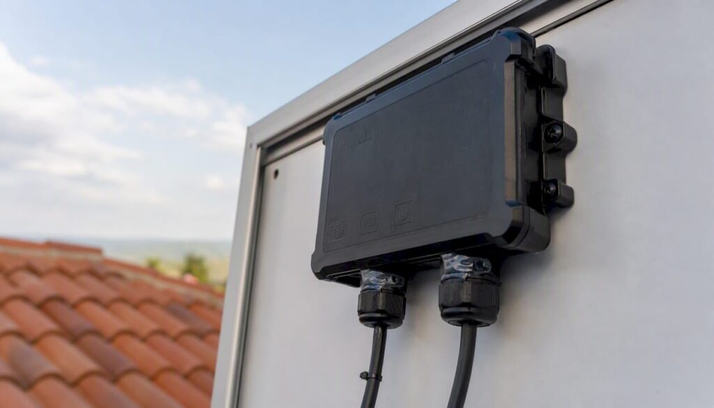 Close-up of solar panel junction box on rooftop
