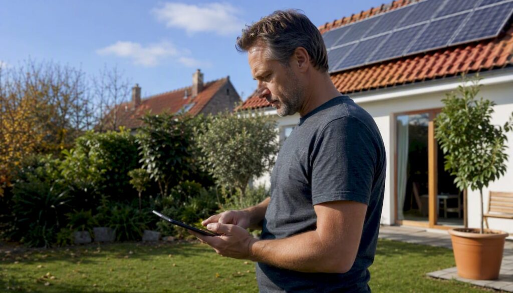 Homeowner using tablet near solar panels on UK roof