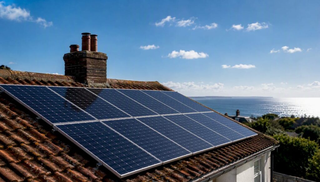 Solar panels installed on a coastal UK home roof