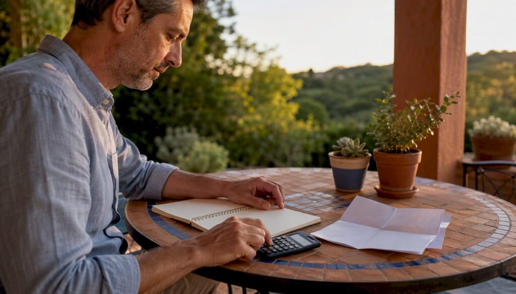 Homeowner calculating solar energy cashflow at table