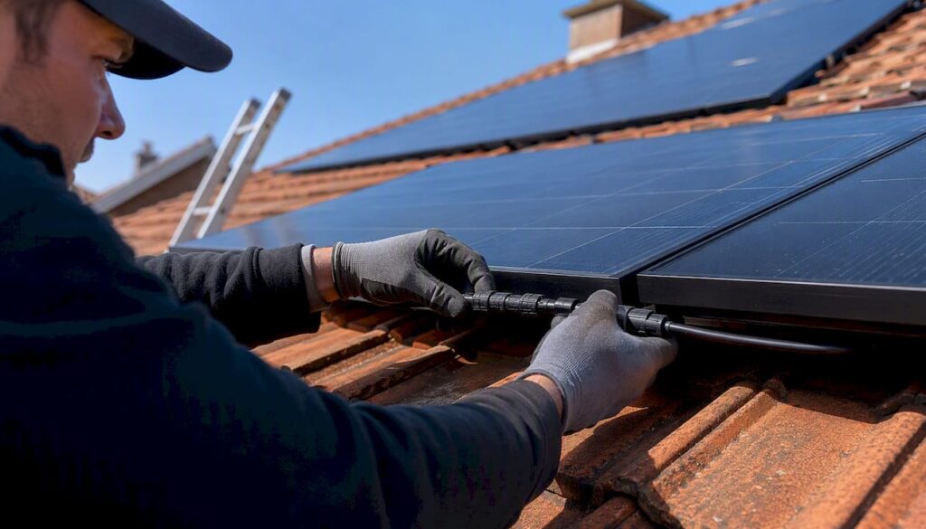 Hands wiring solar panel cables on roof