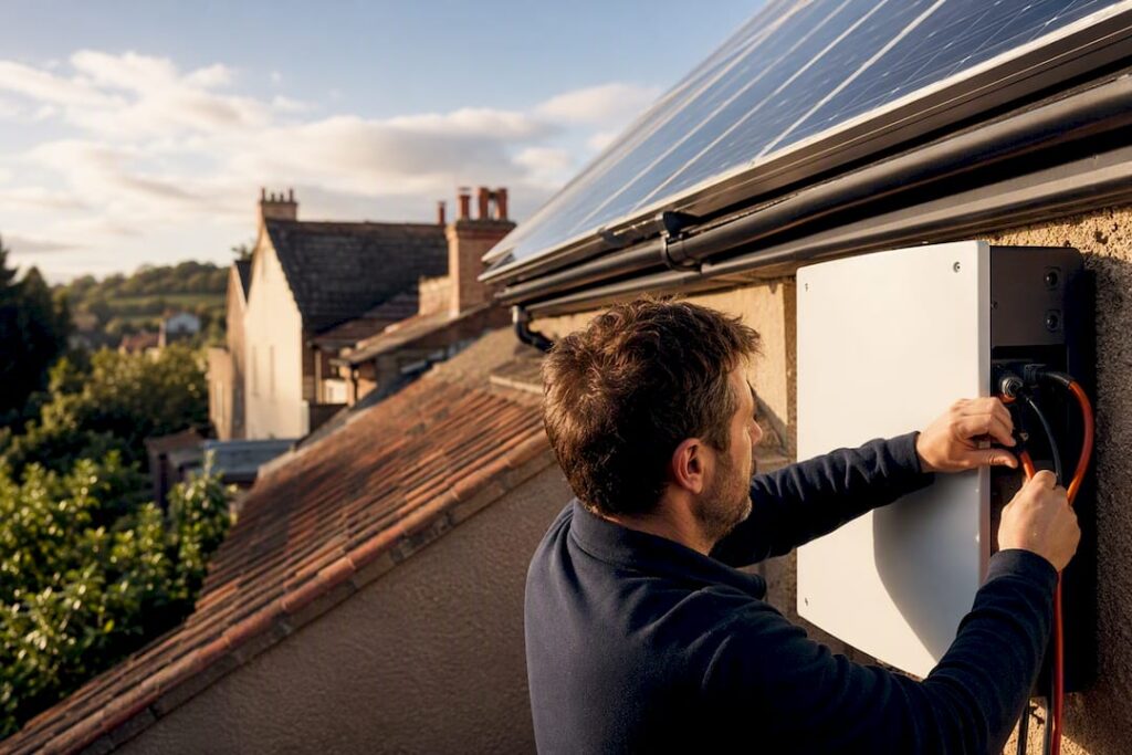 Installer connecting solar battery terminals
