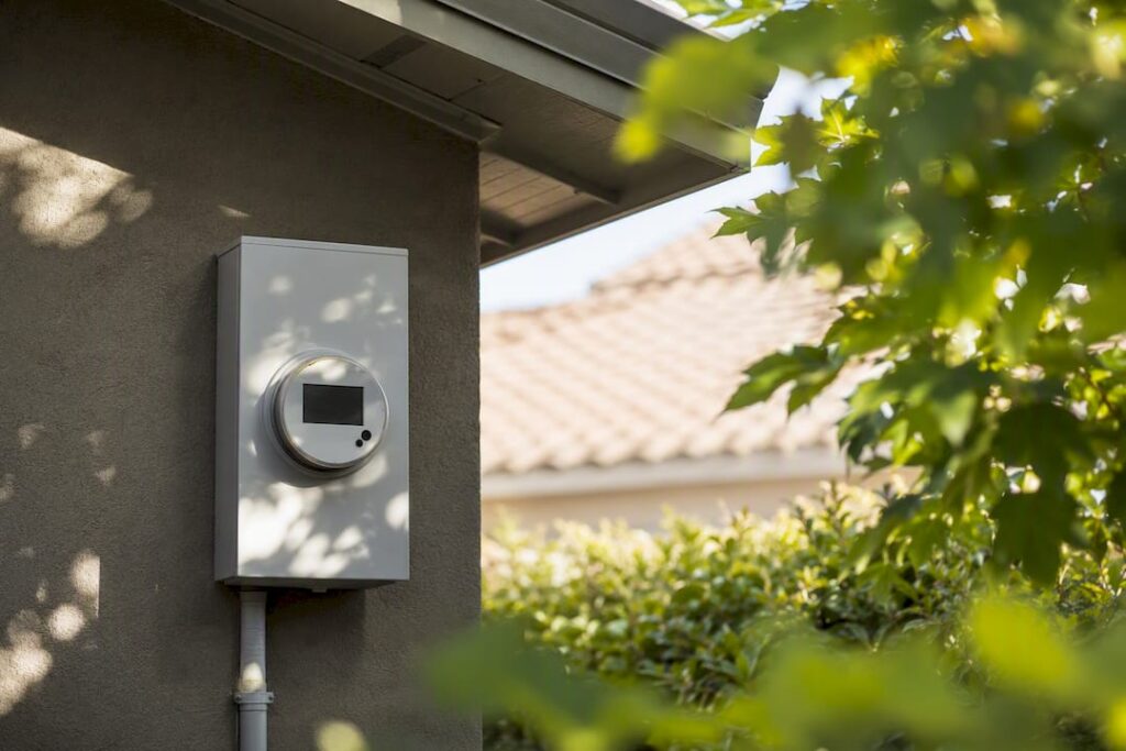 Smart meter on house wall under solar panels
