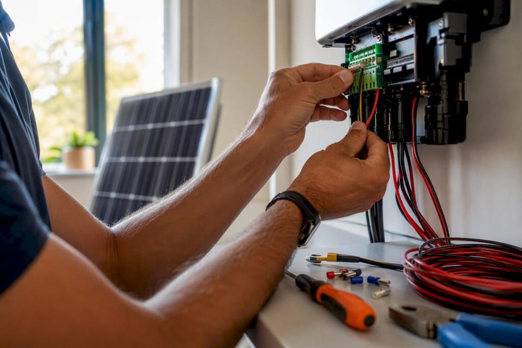 Electrician wiring solar panel system connections