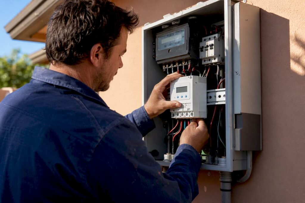 Electrician hands wiring solar export meter