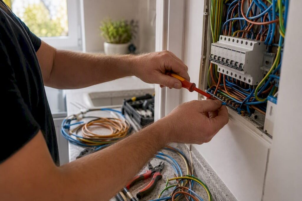 Electrician wiring fuse box close-up