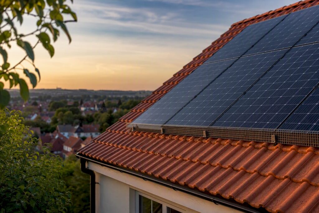 Solar panel edge with bird proofing mesh