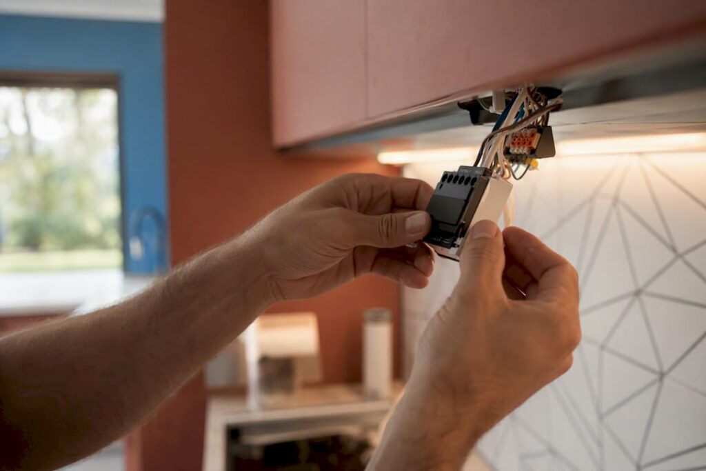 Electrician hands wiring smart lighting controller