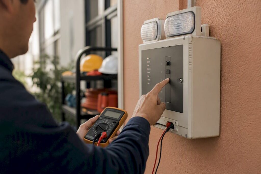 Electrician testing emergency lighting switch