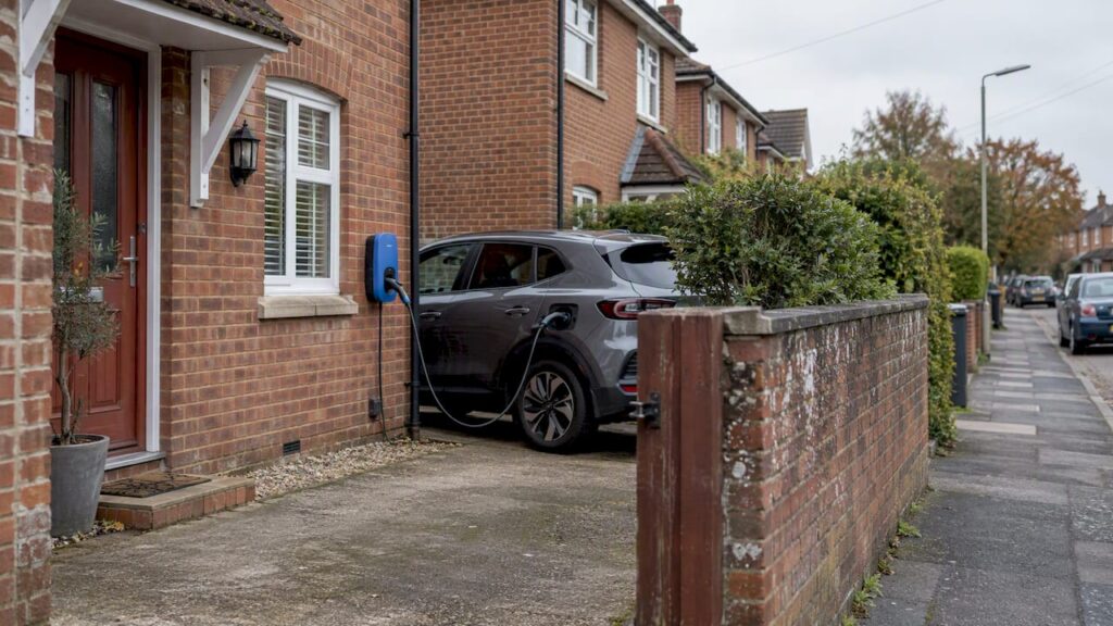 EV charger beside a home's parking area